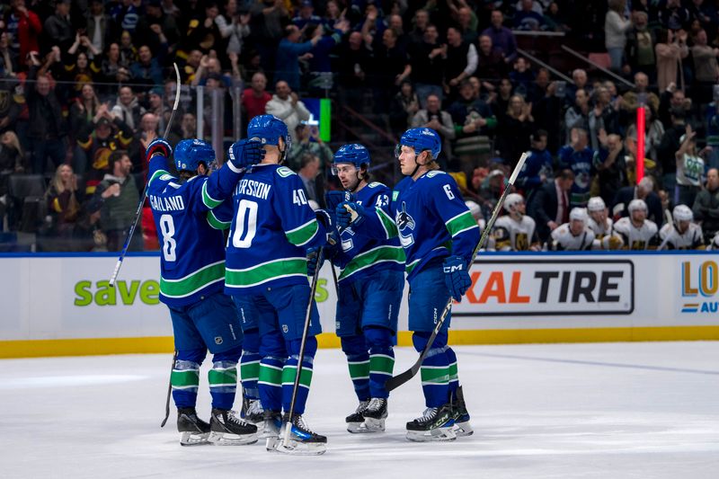 Apr 8, 2024; Vancouver, British Columbia, CAN; Vancouver Canucks forward Conor Garland (8) and forward Elias Pettersson (40) and forward J.T. Miller (9) and defenseman Quinn Hughes (43) and forward Brock Boeser (6) celebrate Hughes’ goal against the Vegas Golden Knights in the first period  at Rogers Arena. Mandatory Credit: Bob Frid-USA TODAY Sports