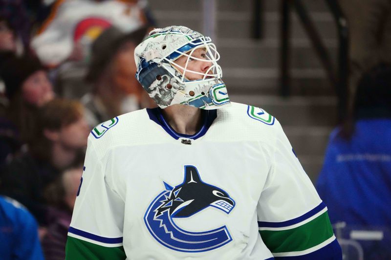 Nov 22, 2023; Denver, Colorado, USA; Vancouver Canucks goaltender Thatcher Demko (35) during the second period against the Colorado Avalanche at Ball Arena. Mandatory Credit: Ron Chenoy-USA TODAY Sports