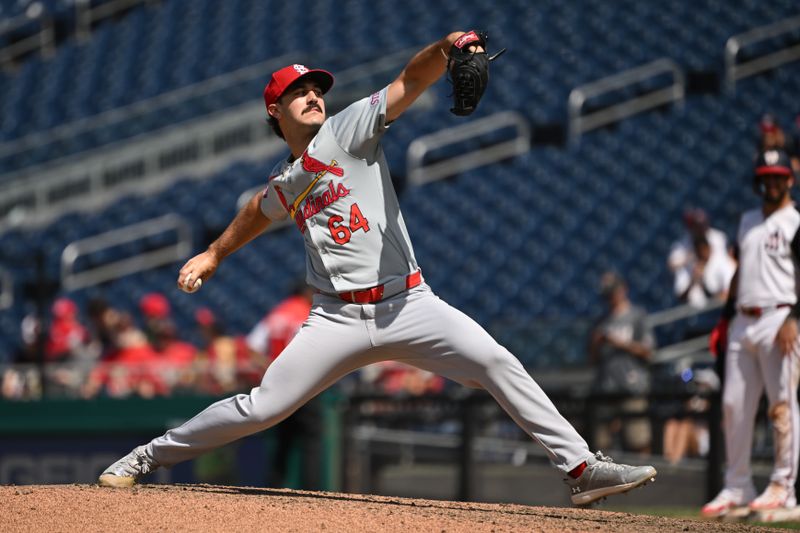 Jul 7, 2024; Washington, District of Columbia, USA; St. Louis Cardinals relief pitcher Ryan Fernandez (64) throws a pitch against the Washington Nationals during the sixth inning at Nationals Park. Mandatory Credit: Rafael Suanes-USA TODAY Sports