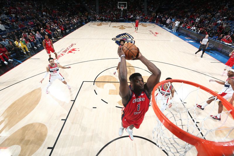 NEW ORLEANS, LA - FEBRUARY 14: Zion Williamson #1 of the New Orleans Pelicans drives to the basket during the game against the Washington Wizards on February 14, 2024 at the Smoothie King Center in New Orleans, Louisiana. NOTE TO USER: User expressly acknowledges and agrees that, by downloading and or using this Photograph, user is consenting to the terms and conditions of the Getty Images License Agreement. Mandatory Copyright Notice: Copyright 2024 NBAE (Photo by Layne Murdoch Jr./NBAE via Getty Images)