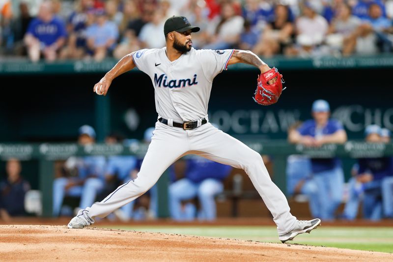 Aug 6, 2023; Arlington, Texas, USA; Miami Marlins starting pitcher Sandy Alcantara (22) throws during the first inning against the Texas Rangers at Globe Life Field. Mandatory Credit: Andrew Dieb-USA TODAY Sports