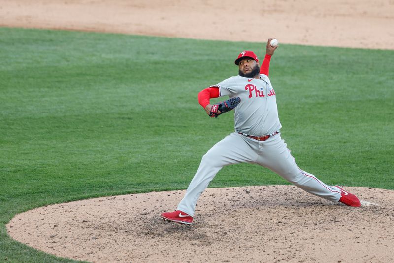 Apr 18, 2023; Chicago, Illinois, USA; Philadelphia Phillies relief pitcher Jose Alvarado (46) delivers against the Chicago White Sox during the ninth inning of game one of the doubleheader at Guaranteed Rate Field. Mandatory Credit: Kamil Krzaczynski-USA TODAY Sports