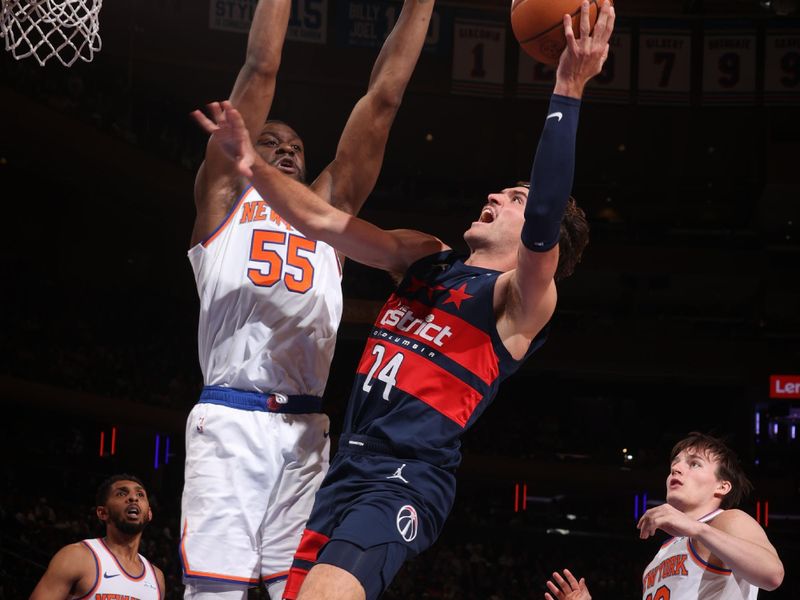 NEW YORK, NY - NOVEMBER 18: Corey Kispert #24 of the Washington Wizards drives to the basket during the game against the New York Knicks on November 18, 2024 at Madison Square Garden in New York City, New York.  NOTE TO USER: User expressly acknowledges and agrees that, by downloading and or using this photograph, User is consenting to the terms and conditions of the Getty Images License Agreement. Mandatory Copyright Notice: Copyright 2024 NBAE  (Photo by Nathaniel S. Butler/NBAE via Getty Images)