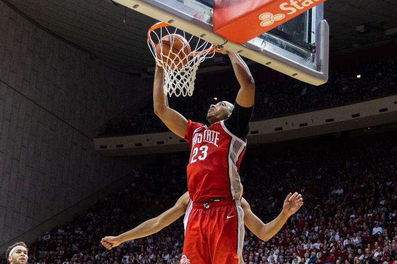 Jan 28, 2023; Bloomington, Indiana, USA; Ohio State Buckeyes forward Zed Key (23) shoots the ball in the second half against the Indiana Hoosiers at Simon Skjodt Assembly Hall. Mandatory Credit: Trevor Ruszkowski-USA TODAY Sports