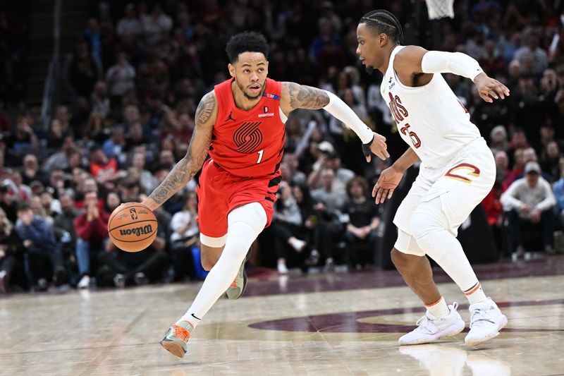 CLEVELAND, OH - MARCH 2: Anfernee Simons #1 of the Portland Trail Blazers drives to the basket during the game against the Cleveland Cavaliers on March 2, 2025 at Rocket Arena in Cleveland, Ohio. NOTE TO USER: User expressly acknowledges and agrees that, by downloading and/or using this Photograph, user is consenting to the terms and conditions of the Getty Images License Agreement. Mandatory Copyright Notice: Copyright 2025 NBAE (Photo by Brian Kolin/NBAE via Getty Images)