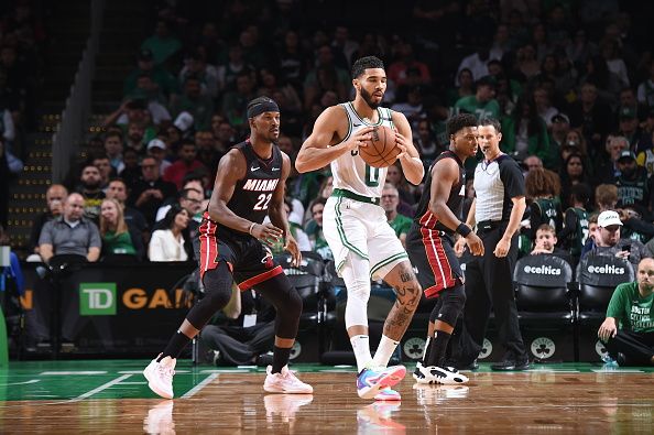 BOSTON, MA - OCTOBER 27: Jayson Tatum #0 of the Boston Celtics handles the ball during the game against the Miami Heat on October 27, 2023 at the TD Garden in Boston, Massachusetts. NOTE TO USER: User expressly acknowledges and agrees that, by downloading and or using this photograph, User is consenting to the terms and conditions of the Getty Images License Agreement. Mandatory Copyright Notice: Copyright 2023 NBAE  (Photo by Brian Babineau/NBAE via Getty Images)