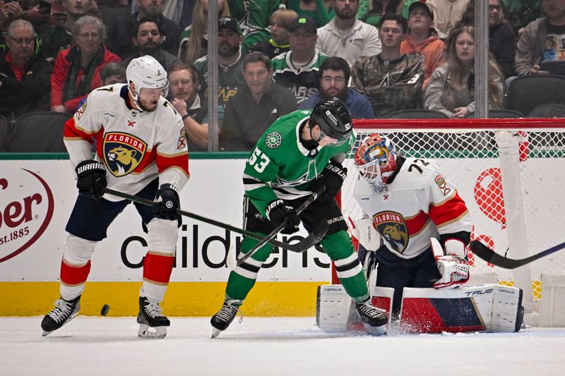 Mar 12, 2024; Dallas, Texas, USA; Florida Panthers goaltender Sergei Bobrovsky (72) stops a shot by Dallas Stars center Wyatt Johnston (53) during the first period at the American Airlines Center. Mandatory Credit: Jerome Miron-USA TODAY Sports