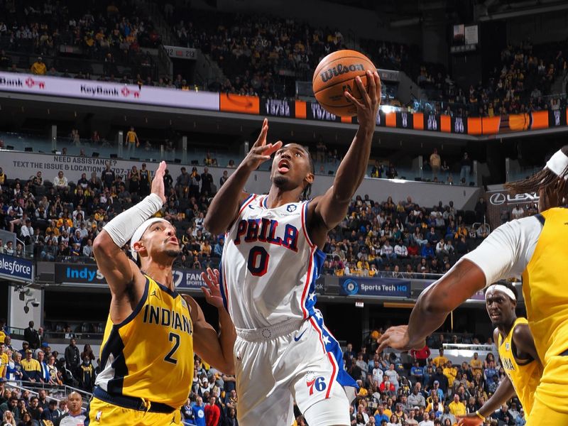 INDIANAPOLIS, IN - OCTOBER 27: Tyrese Maxey #0 of the Philadelphia 76ers drives to the basket during the game against the Indiana Pacers on October 27, 2024 at Gainbridge Fieldhouse in Indianapolis, Indiana. NOTE TO USER: User expressly acknowledges and agrees that, by downloading and or using this Photograph, user is consenting to the terms and conditions of the Getty Images License Agreement. Mandatory Copyright Notice: Copyright 2024 NBAE (Photo by Ron Hoskins/NBAE via Getty Images)