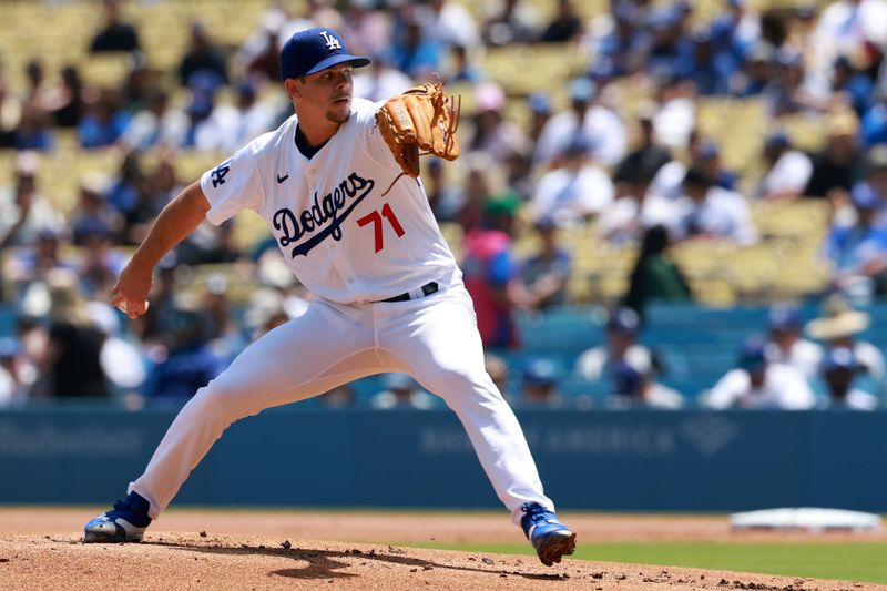 May 8, 2024; Los Angeles, California, USA;  Los Angeles Dodgers pitcher Gavin Stone (71) pitches during the first inning against the Miami Marlins at Dodger Stadium. Mandatory Credit: Kiyoshi Mio-USA TODAY Sports