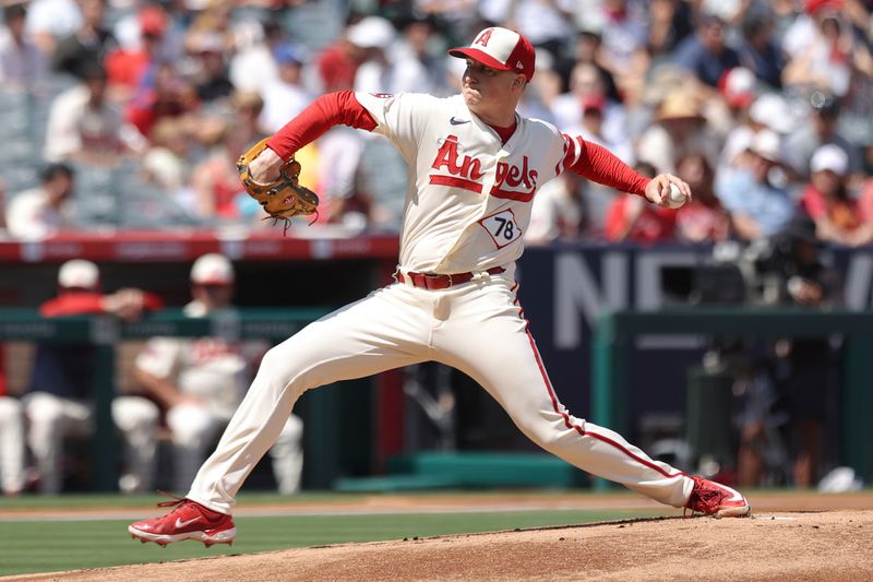 Sep 10, 2023; Anaheim, California, USA; Los Angeles Angels relief pitcher Kenny Rosenberg (78) throws to a Cleveland Guardians batter during the first inning of a baseball game at Angel Stadium. Mandatory Credit: Jessica Alcheh-USA TODAY Sports