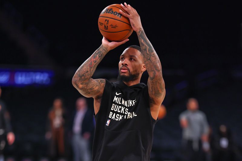 NEW YORK, NEW YORK - DECEMBER 25: Damian Lillard #0 of the Milwaukee Bucks warms up prior to the game against the New York Knicks at Madison Square Garden on December 25, 2023 in New York City.  NOTE TO USER: User expressly acknowledges and agrees that, by downloading and or using this photograph, User is consenting to the terms and conditions of the Getty Images License Agreement. (Photo by Rich Graessle/Getty Images)