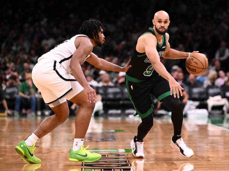 BOSTON, MASSACHUSETTS - NOVEMBER 08: Derrick White #9 of the Boston Celtics drives to the basket against Cam Thomas #24 of the Brooklyn Nets during the third quarter at the TD Garden on November 08, 2024 in Boston, Massachusetts. NOTE TO USER: User expressly acknowledges and agrees that, by downloading and or using this photograph, User is consenting to the terms and conditions of the Getty Images License Agreement. (Photo by Brian Fluharty/Getty Images)