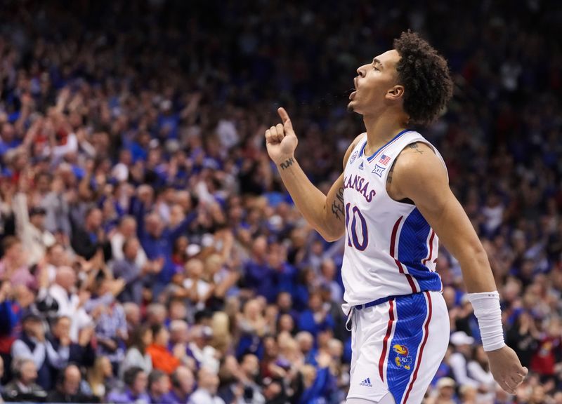 Jan 31, 2023; Lawrence, Kansas, USA; Kansas Jayhawks forward Jalen Wilson (10) celebrates during the first half against the Kansas State Wildcats at Allen Fieldhouse. Mandatory Credit: Jay Biggerstaff-USA TODAY Sports