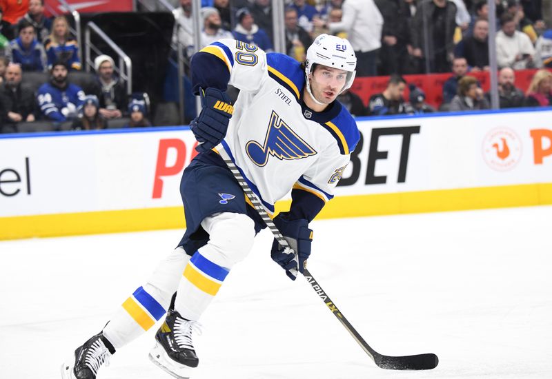 Jan 3, 2023; Toronto, Ontario, CAN; St. Louis Blues forward Brandon Saad (20) pursues the play against the Toronto Maple Leafs in the first period at Scotiabank Arena. Mandatory Credit: Dan Hamilton-USA TODAY Sports