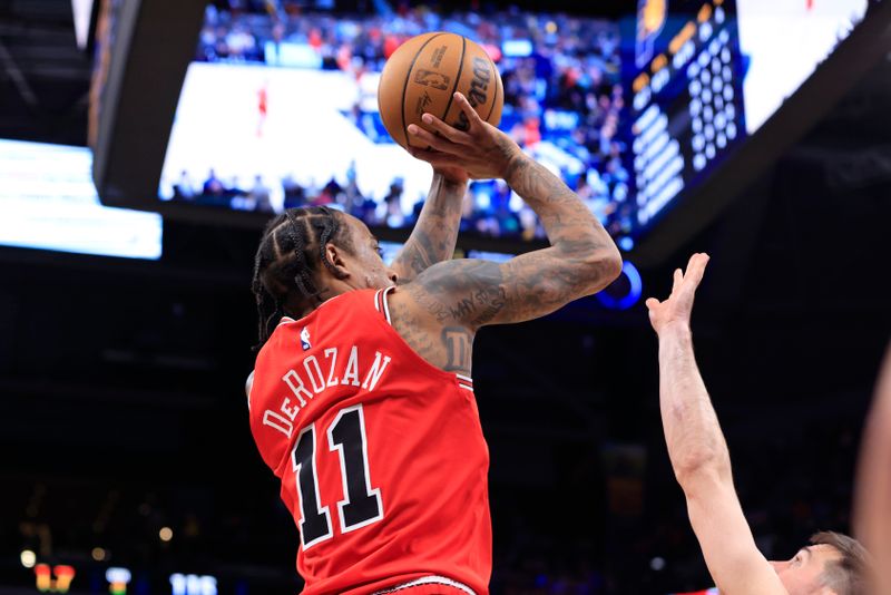 INDIANAPOLIS, INDIANA - MARCH 13: DeMar DeRozan #11 of the Chicago Bulls ties the game at the end of the fourth quarter in the game against the Indiana Pacers at Gainbridge Fieldhouse on March 13, 2024 in Indianapolis, Indiana. NOTE TO USER: User expressly acknowledges and agrees that, by downloading and or using this photograph, User is consenting to the terms and conditions of the Getty Images License Agreement. (Photo by Justin Casterline/Getty Images)