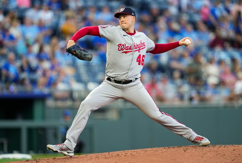 May 26, 2023; Kansas City, Missouri, USA; Washington Nationals starting pitcher Patrick Corbin (46) pitches during the first inning against the Kansas City Royals at Kauffman Stadium. Mandatory Credit: Jay Biggerstaff-USA TODAY Sports