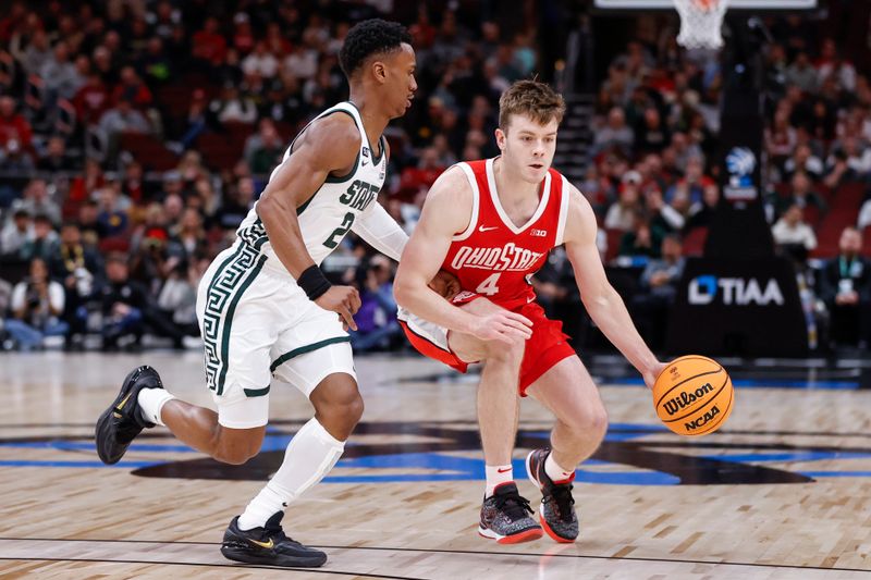 Mar 10, 2023; Chicago, IL, USA; Ohio State Buckeyes guard Sean McNeil (4) drives to the basket against Michigan State Spartans guard Tyson Walker (2) during the first half at United Center. Mandatory Credit: Kamil Krzaczynski-USA TODAY Sports