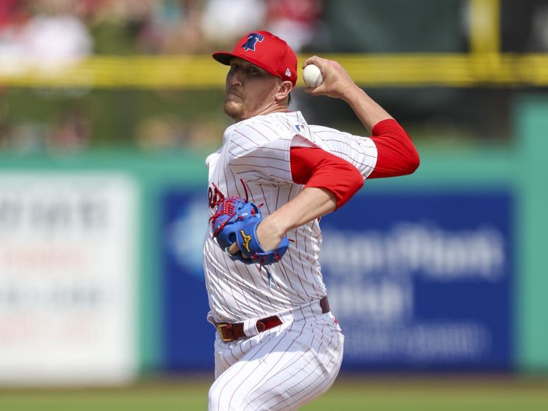 Mar 14, 2024; Clearwater, Florida, USA;  Philadelphia Phillies relief pitcher Jeff Hoffman (23) throws a pitch against the Boston Red Sox in the sixth inning at BayCare Ballpark. Mandatory Credit: Nathan Ray Seebeck-USA TODAY Sports