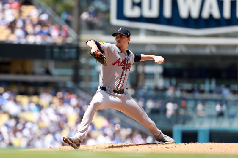 May 5, 2024; Los Angeles, California, USA;  Atlanta Braves pitcher Max Fried (54) pitches during the second inning against the Los Angeles Dodgers at Dodger Stadium. Mandatory Credit: Kiyoshi Mio-USA TODAY Sports