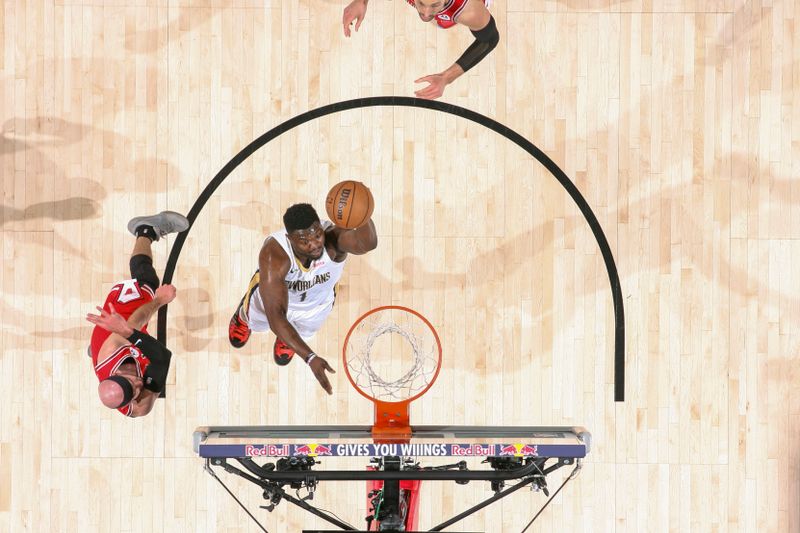 NEW ORLEANS, LA - FEBRUARY 25: Zion Williamson #1 of the New Orleans Pelicans shoots the ball during the game against the Chicago Bulls on February 25, 2024 at the Smoothie King Center in New Orleans, Louisiana. NOTE TO USER: User expressly acknowledges and agrees that, by downloading and or using this Photograph, user is consenting to the terms and conditions of the Getty Images License Agreement. Mandatory Copyright Notice: Copyright 2024 NBAE (Photo by Layne Murdoch Jr./NBAE via Getty Images)