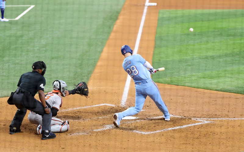 Jul 21, 2024; Arlington, Texas, USA; Texas Rangers catcher Jonah Heim (28) hits a three run home run during the fourth inning against the Baltimore Orioles at Globe Life Field. Mandatory Credit: Kevin Jairaj-USA TODAY Sports