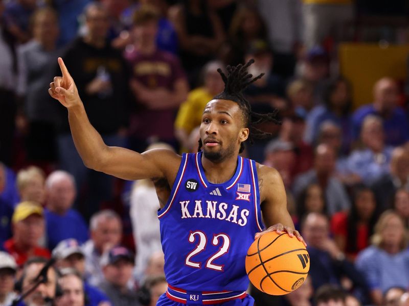 Mar 3, 2026; Tempe, Arizona, USA; Kansas Jayhawks guard Darryn Peterson (22) against the Arizona State Sun Devils in the first half at Desert Financial Arena. Mandatory Credit: Mark J. Rebilas-Imagn Images