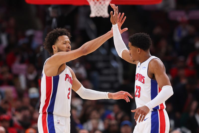 CHICAGO, ILLINOIS - FEBRUARY 27: Cade Cunningham #2 and Jaden Ivey #23 of the Detroit Pistons celebrate against the Chicago Bulls during the second half at the United Center on February 27, 2024 in Chicago, Illinois. NOTE TO USER: User expressly acknowledges and agrees that, by downloading and or using this photograph, User is consenting to the terms and conditions of the Getty Images License Agreement. (Photo by Michael Reaves/Getty Images)