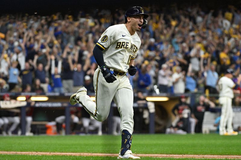 Oct 3, 2023; Milwaukee, Wisconsin, USA; Milwaukee Brewers right fielder Tyrone Taylor (15) runs after hitting a home run in the second inning against the Arizona Diamondbacks during game one of the Wildcard series for the 2023 MLB playoffs at American Family Field. Mandatory Credit: Michael McLoone-USA TODAY Sports