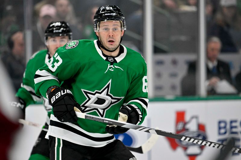 Jan 4, 2024; Dallas, Texas, USA; Dallas Stars right wing Evgenii Dadonov (63) skates against the Colorado Avalanche during the second period at the American Airlines Center. Mandatory Credit: Jerome Miron-USA TODAY Sports