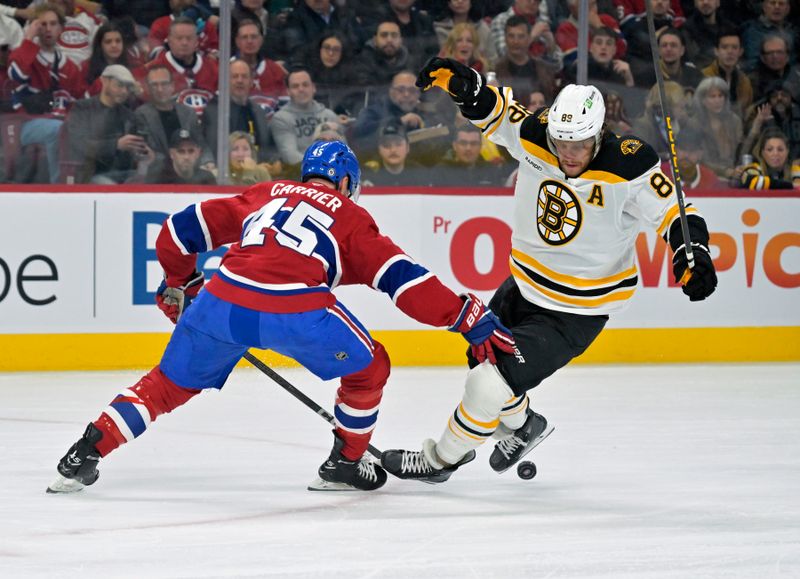 Apr 3, 2025; Montreal, Quebec, CAN; Montreal Canadiens defenseman Alexandre Carrier (45) trips Boston Bruins forward David Pastrnak (88) during the first period at the Bell Centre. Mandatory Credit: Eric Bolte-Imagn Images