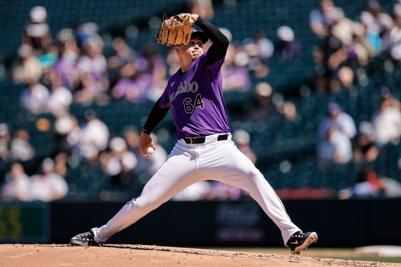 Aug 29, 2024; Denver, Colorado, USA; Colorado Rockies starting pitcher Bradley Blalock (64) pitches in the third inning against the Miami Marlins at Coors Field. Mandatory Credit: Isaiah J. Downing-USA TODAY Sports