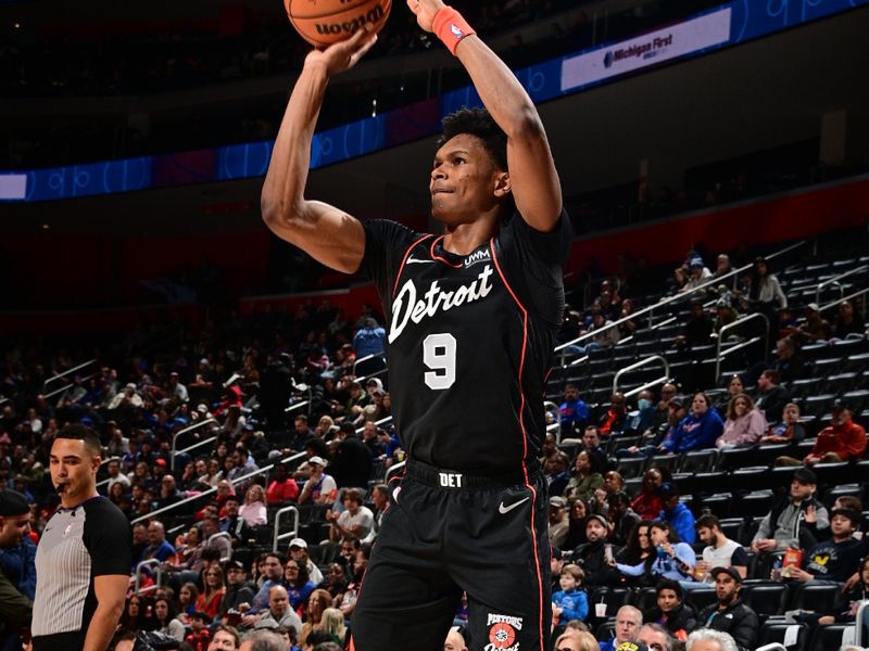 DETROIT, MI - JANUARY 27: Ausar Thompson #9 of the Detroit Pistons shoots the ball during the game against the Washington Wizards on January 27, 2024 at Little Caesars Arena in Detroit, Michigan. NOTE TO USER: User expressly acknowledges and agrees that, by downloading and/or using this photograph, User is consenting to the terms and conditions of the Getty Images License Agreement. Mandatory Copyright Notice: Copyright 2024 NBAE (Photo by Chris Schwegler/NBAE via Getty Images)