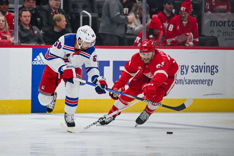 Apr 5, 2024; Detroit, Michigan, USA; New York Rangers defenseman Erik Gustafsson (56) and Detroit Red Wings right wing Christian Fischer (36) battle for the puck during the second period at Little Caesars Arena. Mandatory Credit: Tim Fuller-USA TODAY Sports