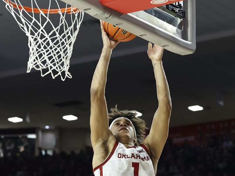 Feb 11, 2023; Norman, Oklahoma, USA; Oklahoma Sooners forward Jalen Hill (1) shoots against the Kansas Jayhawks during the second half at Lloyd Noble Center. Kansas won 78-55. Mandatory Credit: Alonzo Adams-USA TODAY Sports