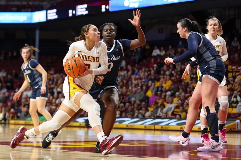 Jan 31, 2024; Minneapolis, Minnesota, USA; Minnesota Golden Gophers guard Amaya Battle (3) works towards the basket as Penn State Nittany Lions guard Ashley Owusu (0) defends during the first half at Williams Arena. Mandatory Credit: Matt Krohn-USA TODAY Sports