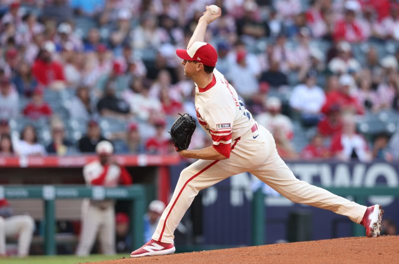 Jun 6, 2025; Anaheim, California, USA; Los Angeles Angels pitcher Kyle Hendricks (28) throws during the first inning against the Seattle Mariners at Angel Stadium. Mandatory Credit: Jason Parkhurst-Imagn Images