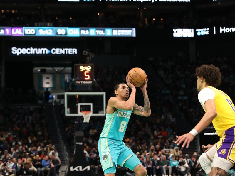 CHARLOTTE, NC - FEBRUARY 5: Nick Smith Jr. #8 of the Charlotte Hornets shoots the ball during the game against the Los Angeles Lakers on February 5, 2024 at Spectrum Center in Charlotte, North Carolina. NOTE TO USER: User expressly acknowledges and agrees that, by downloading and or using this photograph, User is consenting to the terms and conditions of the Getty Images License Agreement.  Mandatory Copyright Notice:  Copyright 2024 NBAE (Photo by Brock Williams-Smith/NBAE via Getty Images)