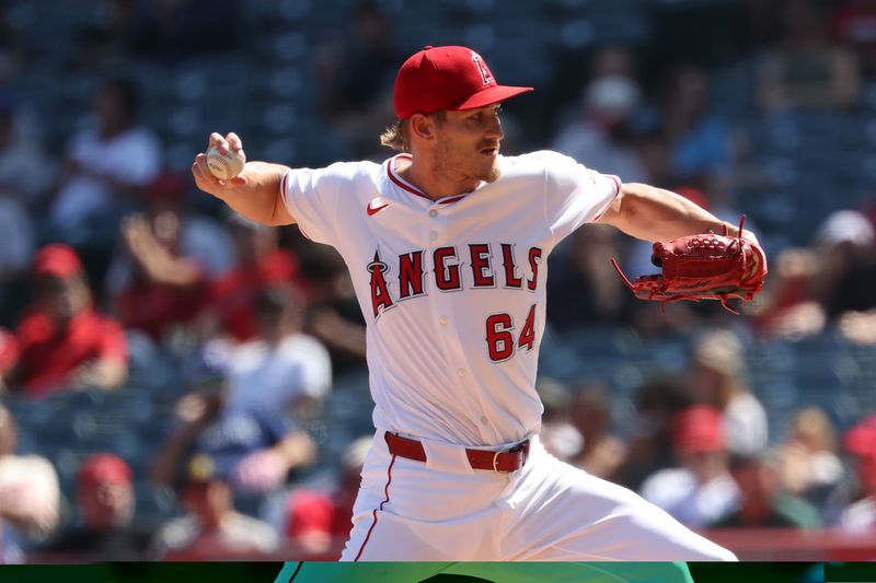 Sep 29, 2024; Anaheim, California, USA;  Los Angeles Angels starting pitcher Jack Kochanowicz (64) pitches during the fourth inning against the Texas Rangers at Angel Stadium. Mandatory Credit: Kiyoshi Mio-Imagn Images