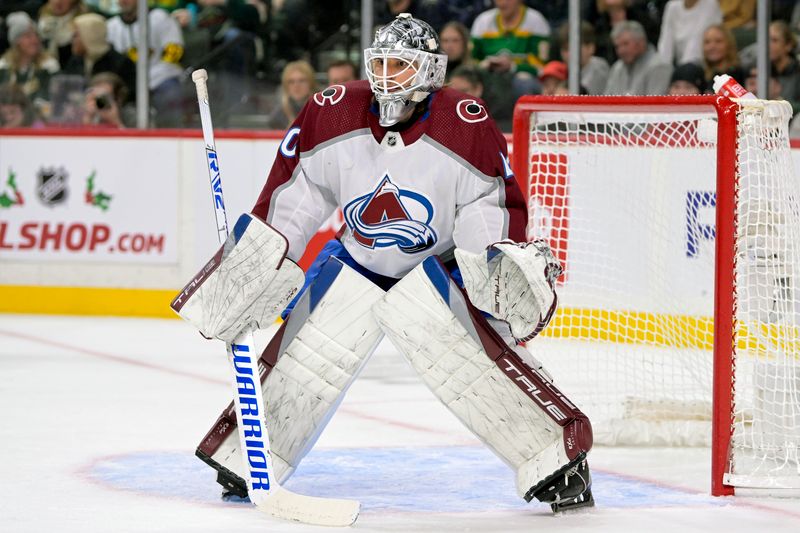 Nov 24, 2023; Saint Paul, Minnesota, USA; Colorado Avalanche goalie Alexandar Georgiev (40) gets into position against the Minnesota Wild during the second period at Xcel Energy Center. Mandatory Credit: Nick Wosika-USA TODAY Sports