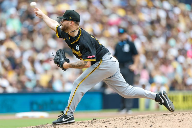 Jun 1, 2025; San Diego, California, USA; Pittsburgh Pirates relief pitcher Chase Shugart (55) throws a pitch during the sixth inning against the San Diego Padres at Petco Park. Mandatory Credit: David Frerker-Imagn Images