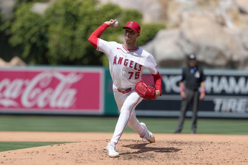 May 11, 2025; Anaheim, California, USA; Los Angeles Angels relief pitcher Connor Brogdon (75) throws in the sixth inning against the Baltimore Orioles at Angel Stadium. Mandatory Credit: Kirby Lee-Imagn Images