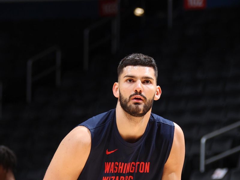 WASHINGTON, DC -? MARCH 29:  Tristan Vukcevic #00 of the Washington Wizards warms-up before the game on March 29, 2024 at Capital One Arena in Washington, DC. NOTE TO USER: User expressly acknowledges and agrees that, by downloading and or using this Photograph, user is consenting to the terms and conditions of the Getty Images License Agreement. Mandatory Copyright Notice: Copyright 2024 NBAE (Photo by Stephen Gosling/NBAE via Getty Images)