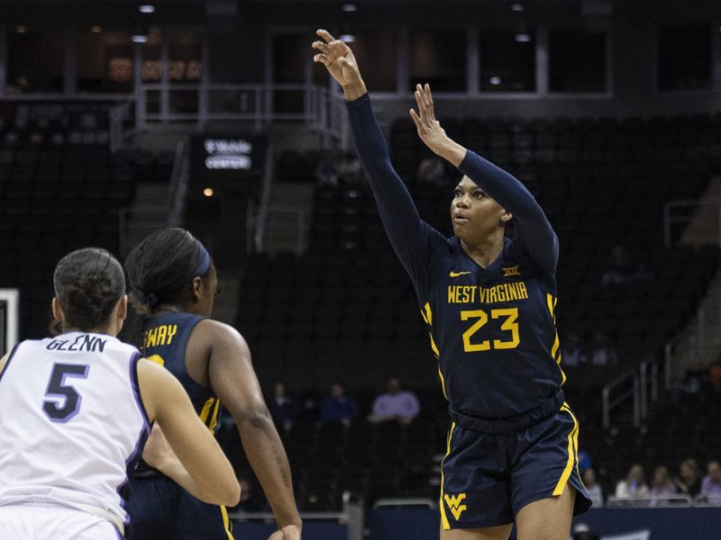 Mar 9, 2024; Kansas City, MO, USA; West Virginia Mountaineers guard Lauren Fields (23) shoots the ball against the Kansas State Wildcats during the first half at T-Mobile Center. Mandatory Credit: Amy Kontras-USA TODAY Sports