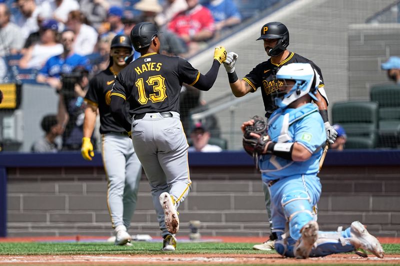 Jun 1, 2024; Toronto, Ontario, CAN; Pittsburgh Pirates third baseman Ke'Bryan Hayes (13) celebrates after hitting a two run home run against the Toronto Blue Jays during the first inning at Rogers Centre. Mandatory Credit: John E. Sokolowski-USA TODAY Sports