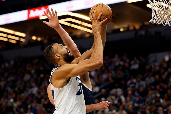 MINNEAPOLIS, MINNESOTA - NOVEMBER 01: Rudy Gobert #27 of the Minnesota Timberwolves goes up for a shot against the Denver Nuggets in the first quarter at Target Center on November 01, 2023 in Minneapolis, Minnesota. The Timberwolves defeated the Nuggets 110-89. NOTE TO USER: User expressly acknowledges and agrees that, by downloading and or using this photograph, User is consenting to the terms and conditions of the Getty Images License Agreement. (Photo by David Berding/Getty Images)