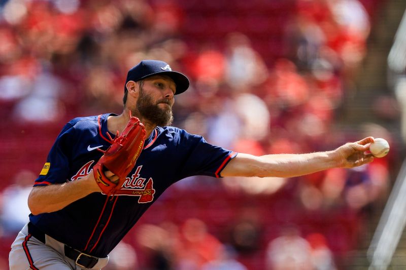 Sep 19, 2024; Cincinnati, Ohio, USA; Atlanta Braves starting pitcher Chris Sale (51) pitches against the Cincinnati Reds in the fourth inning at Great American Ball Park. Mandatory Credit: Katie Stratman-Imagn Images