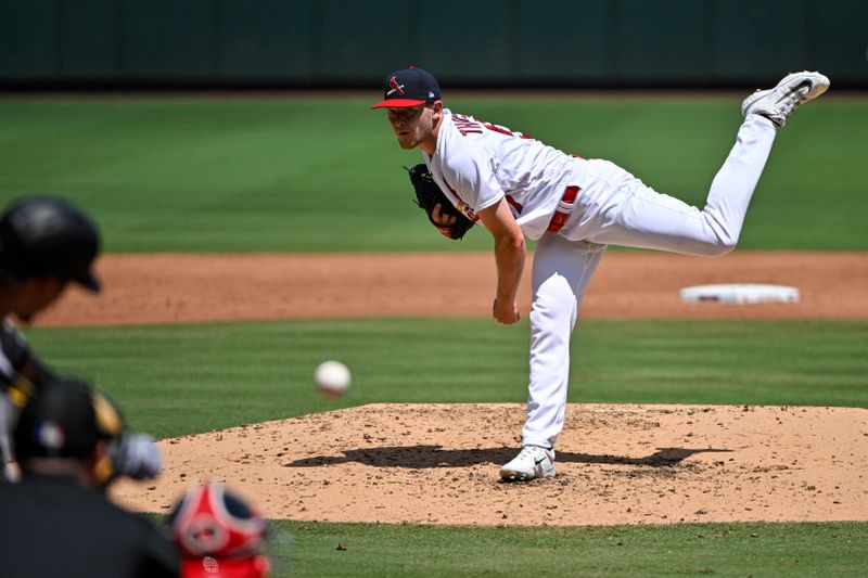 Aug 6, 2023; St. Louis, Missouri, USA;  St. Louis Cardinals starting pitcher Zack Thompson (57) pitches against the Colorado Rockies during the third inning at Busch Stadium. Mandatory Credit: Jeff Curry-USA TODAY Sports