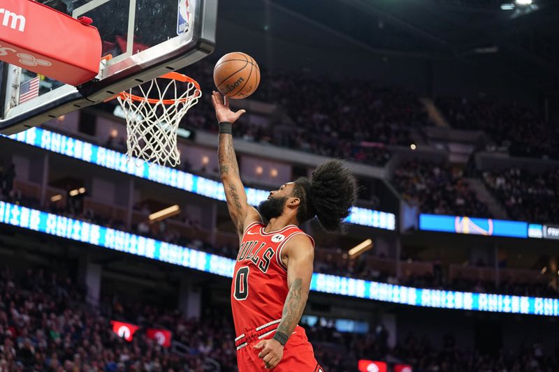 SAN FRANCISCO, CA - MARCH 7: Coby White #0 of the Chicago Bulls goes up for a layup in the fourth quarter against the Golden State Warriors at Chase Center on March 7, 2024 in San Francisco, California. NOTE TO USER: User expressly acknowledges and agrees that, by downloading and/or using this photograph, User is consenting to the terms and conditions of the Getty Images License Agreement. (Photo by Kavin Mistry/Getty Images)