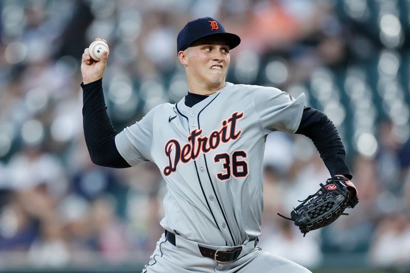 Aug 26, 2024; Chicago, Illinois, USA; Detroit Tigers starting pitcher Ty Madden (36) delivers a pitch against the Chicago White Sox during the first inning at Guaranteed Rate Field. Mandatory Credit: Kamil Krzaczynski-USA TODAY Sports