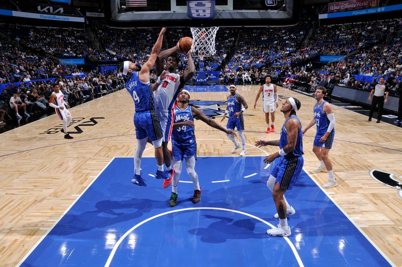 ORLANDO, FL - MARCH 3: Jalen Duren #0 of the Detroit Pistons drives to the basket during the game against the Orlando Magic on March 3, 2024 at the Kia Center in Orlando, Florida. NOTE TO USER: User expressly acknowledges and agrees that, by downloading and or using this photograph, User is consenting to the terms and conditions of the Getty Images License Agreement. Mandatory Copyright Notice: Copyright 2024 NBAE (Photo by Fernando Medina/NBAE via Getty Images)